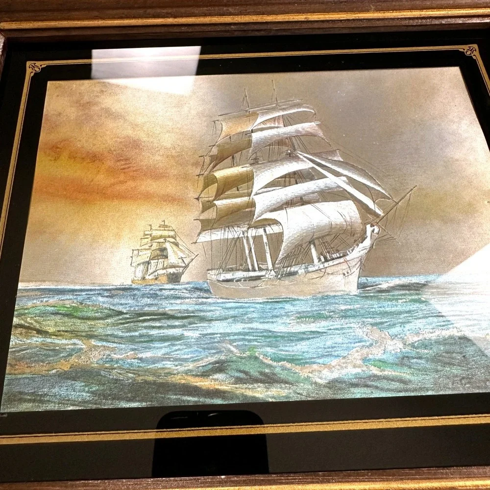 VTG Dufex Prints Sailing Ships Foil Art Framed Nautical Wall Decor 12x10